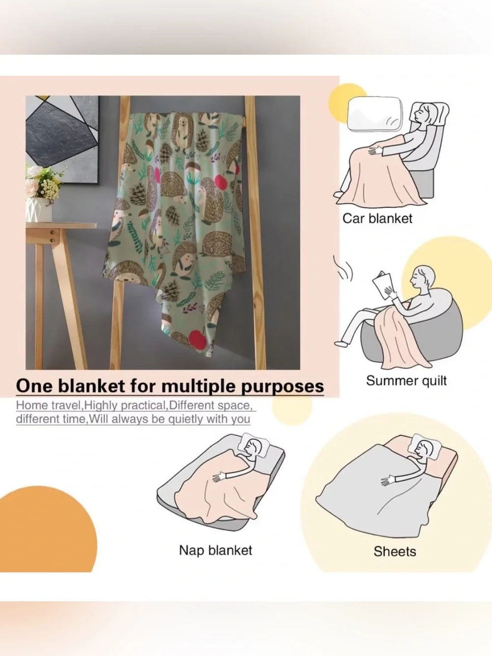 Cute Hedgehog Print Fleece Throw blanket - Mint Green Background 50 x 60 NEW